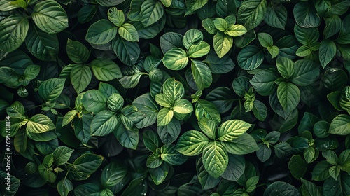 A top view of fresh green leaves tightly packed together, creating a nature-themed background texture. © Zero Zero One