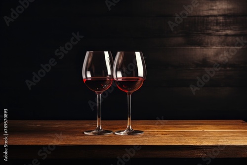 Two wine glasses are on a wooden table