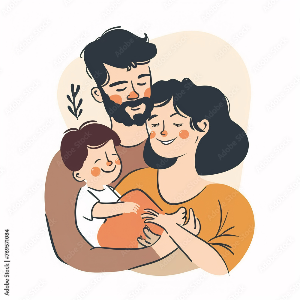 illustration of happy loving family, parents with kids, isolated flat vector modern parenthood illustration, mother, father and child, full of love and tenderness