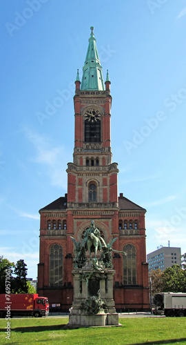 Kaiser Wilhelm I memorial in front of the Protestant church Johanneskirche in Düsseldorf.     