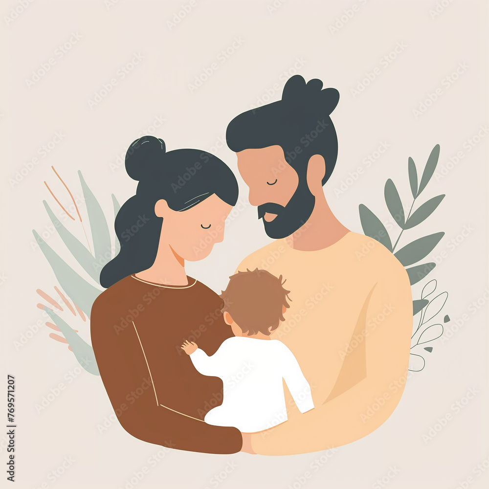 Obraz premium illustration of happy loving family, parents with kids, isolated flat vector modern parenthood illustration, mother, father and child, full of love and tenderness