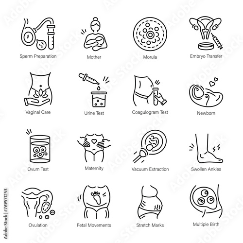 Set of Linear Style Pregnant Woman Icons


