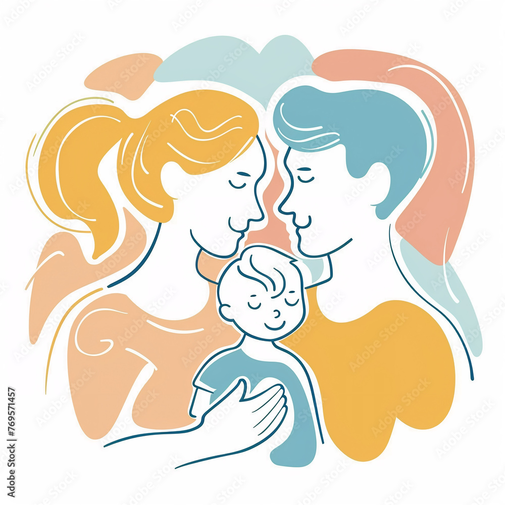 illustration of happy loving family, parents with kids, isolated flat vector modern parenthood illustration, mother, father and child, full of love and tenderness