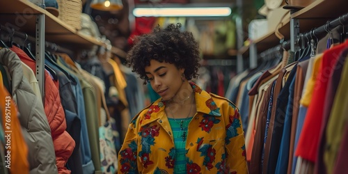 Young woman browsing secondhand clothes in a thrift store. Concept Thrifting, Fashion, Sustainable Shopping, Secondhand Clothing, Retail Therapy