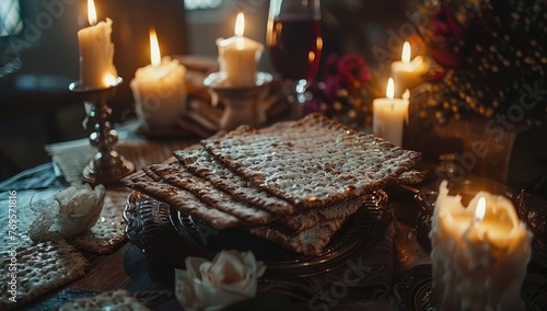 Traditional Jewish Passover table setting with matzah bread, candles and wine symbolizing holiday rituals and customs. Concept of religious feast, cultural celebration, and observance of Pesach.