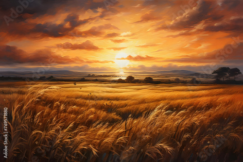 Golden Fields at Sunset Painting. generative ai © Niko