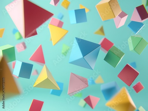 A vibrant assembly of colorful geometric shapes levitating against a soft teal backdrop.