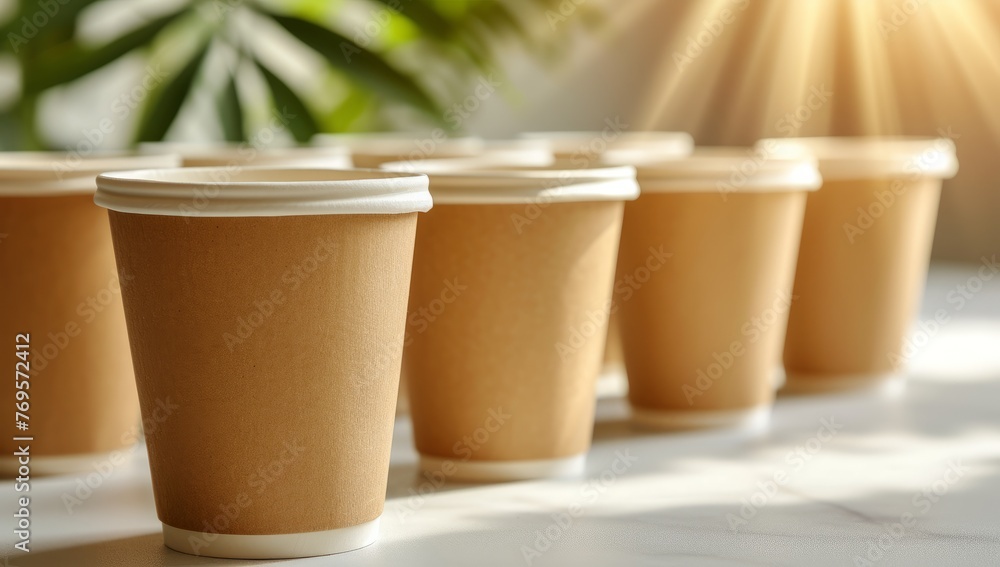 Disposable coffee cups in row on table, takeaway drinks concept. Eco friendly paper cups with hot beverages, cafeteria or coffee shop theme. Disposable coffee cups in row on table, takeaway drinks concept. Eco friendly paper cups with hot beverages, cafeteria or coffee shop theme.