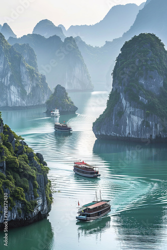 Tourist boats floating among limestone formations at Ha Long Bay, South China Sea, Vietnam, Southeast Asia