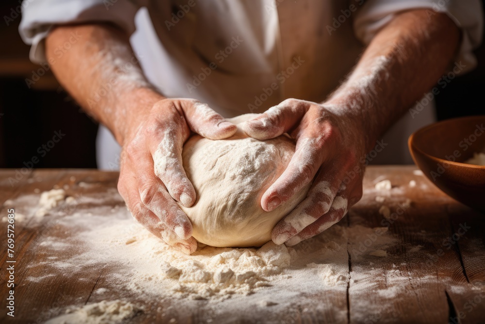 Close-up of a baker's hands kneading dough.