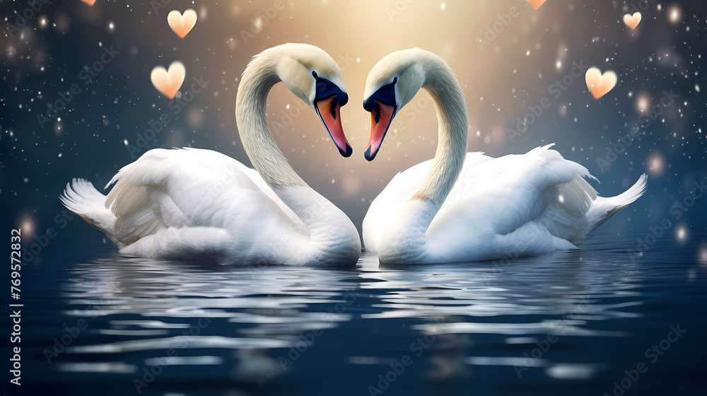 Fototapeta premium White swan, charming Valentine's Day background