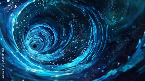 Digital art featuring swirling, neon-blue curves floating against a dark backdrop.
