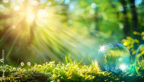 Globe on Grassy Field with Sunbeams and Lens Flare. Environmental Conservation and Sustainable Living Concept.