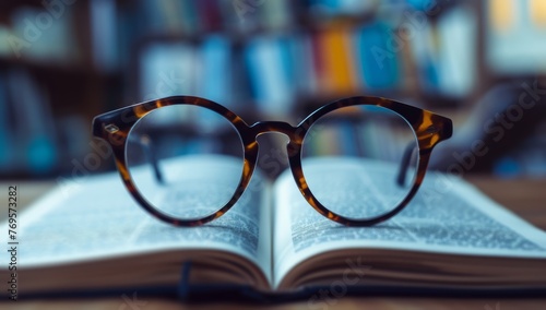 Vintage round tortoiseshell eyeglasses on open book with blurred bookshelf background. Concept of reading, knowledge, education, and literary interests.