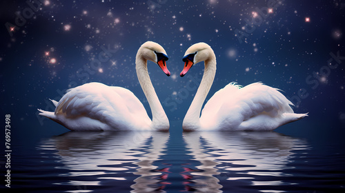 White swan  charming Valentine s Day background