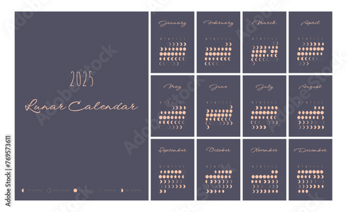 Lunar calendar, lunar monthly cycle planner for 2025 year template. Astrology, astronomical lunar sphere shadow, whole cycle from new to full moon calendar banner, card vector illustration photo