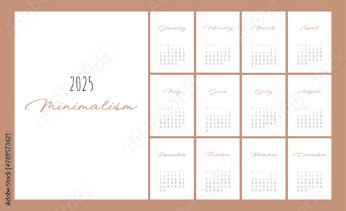Calendar 2025 Trendy Minimalist Style. Set of 12 pages desk calendar. 2025 minimal calendar planner design for printing template. vector illustration	