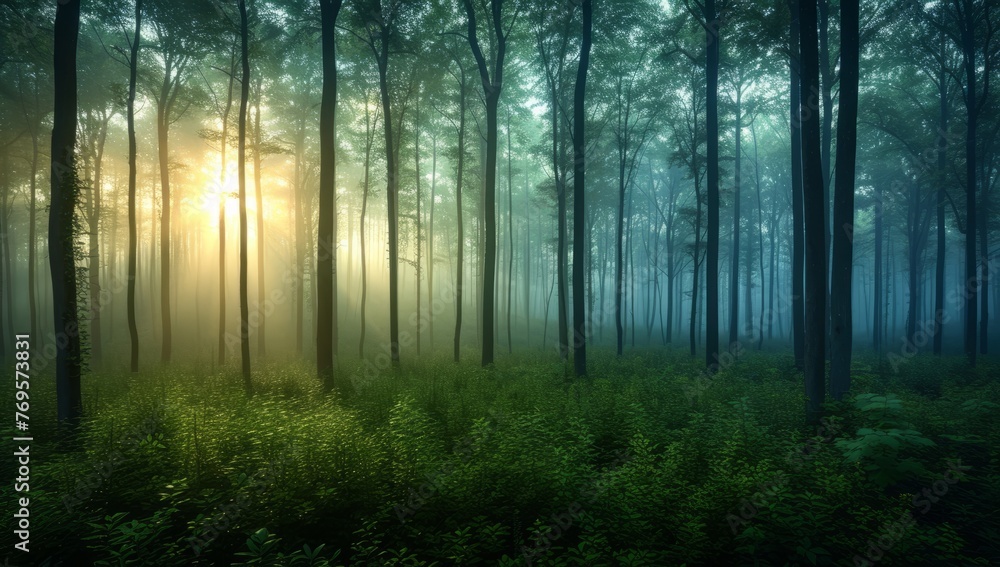 Obraz premium Mystical foggy forest at sunrise with sunbeams piercing through trees. Atmospheric woodland scenery with misty undergrowth and sunlight rays in morning haze.