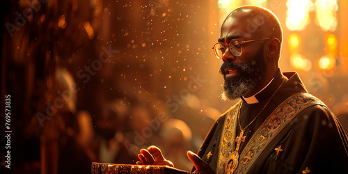 African American priest praying with passion during a church service. photo