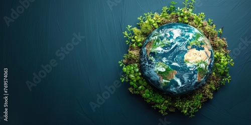 Earth planet surrounded by lush green foliage, environmental conservation concept. Global ecology and sustainable living on a healthy vibrant world.