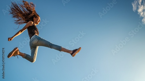 Woman jumping high with her hair flying, clear blue sky in the background, evoking a sense of freedom and joy