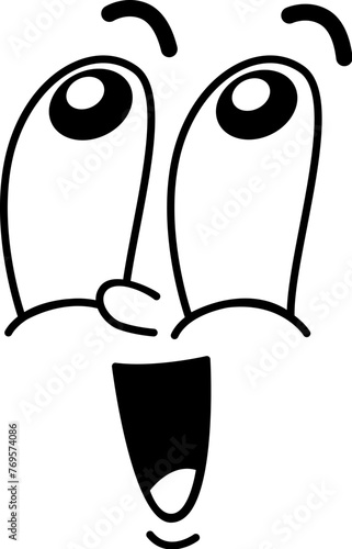 Cartoon funny comic groovy wow face emotion and retro cute emoji character with wide-open eyes and mouth, captures surprise or admiration. Vector facial expression of the astonishment or amazement