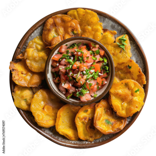 A Plate of Patacones with a Bowl of Guacamole Isolated on a Transparent Background