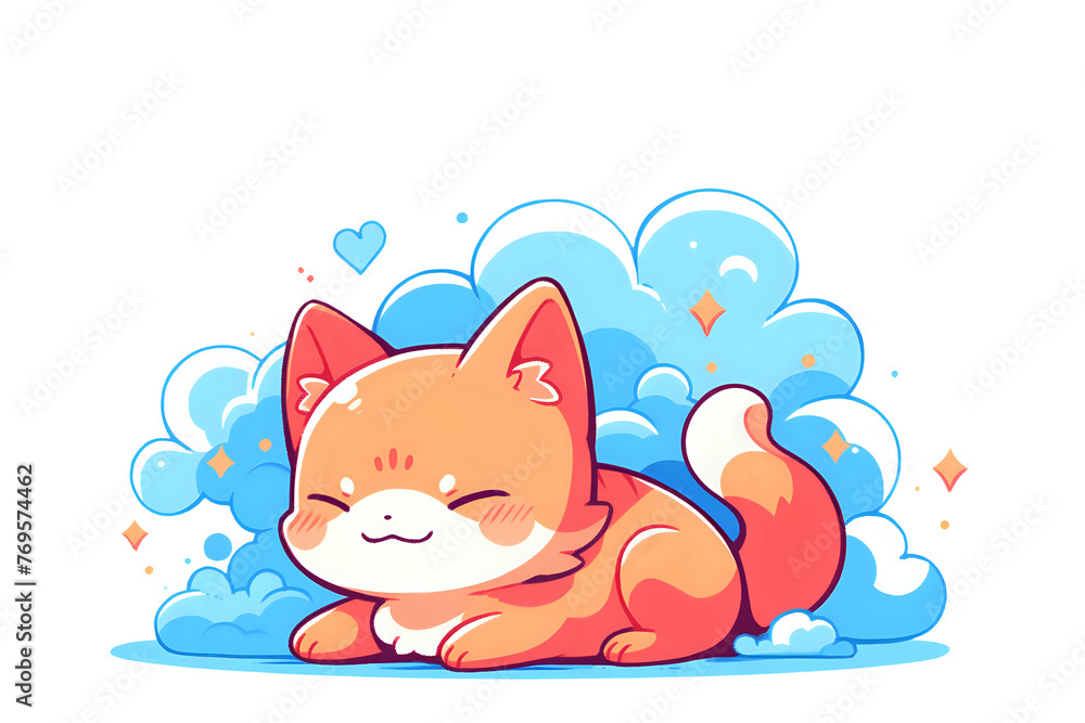Blissful Dreaming Kitten.

Illustration of a contented kitten lounging on clouds, ideal for children’s storybooks, pet care content, and cute merchandise designs.
