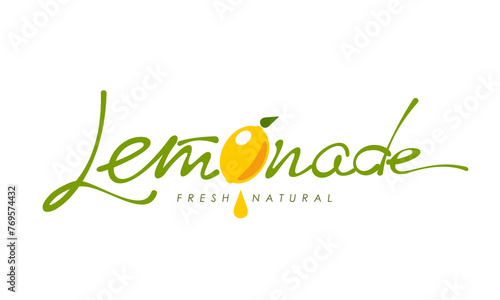 Lemonade logo icon, lemon drink, fruit juice. Isolated vector emblem for refreshing citrus beverage, soda or cocktail, features green typography with ripe whole juicy lemon fruit and falling drop