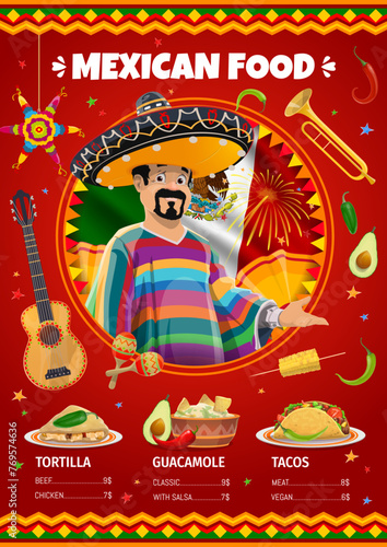 Mexican cuisine menu vector template. Savor the vibrant flavors of mexico with diverse dishes, tantalizing tacos, zesty guacamole and hearty enchiladas or tortillas, showcasing rich authentic culinary