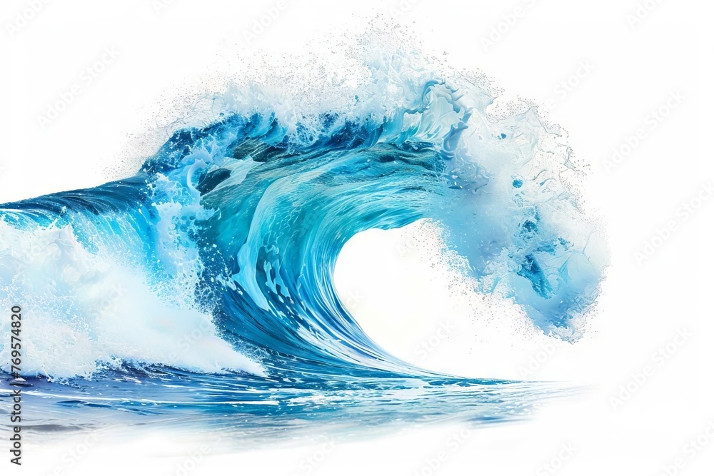 Translucent blue ocean wave with white foam crest isolated on white ...