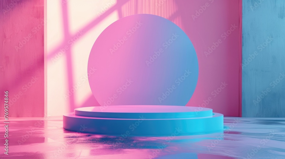 Round podium with a pink and blue gradient. Minimal abstract banner for a product presentation. Empty scene with shadows from window light. Mockup. Round podium with a pink and blue gradient. Minimal abstract banner for a product presentation. Empty scene with shadows from window light. Mockup.