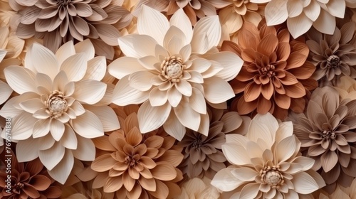 Flower pattern made from paper flowers. Abstract background and texture. Beige and brown colors. Earth colors.