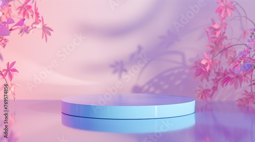 Minimal scene with light blue round podium and pink background. 3D rendering. Mockup. Blank studio cylinder podium for products display presentation.