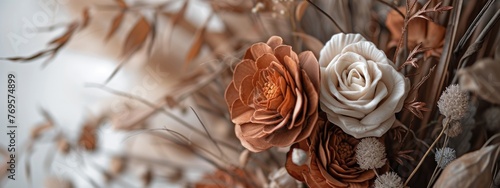 Bouquet of dried flowers. Nature background. Floral banner in brown and beige colors, close up.
