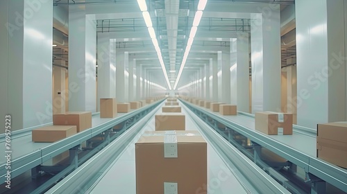 Multiple conveyor belts with boxes in a modern distribution warehouse.