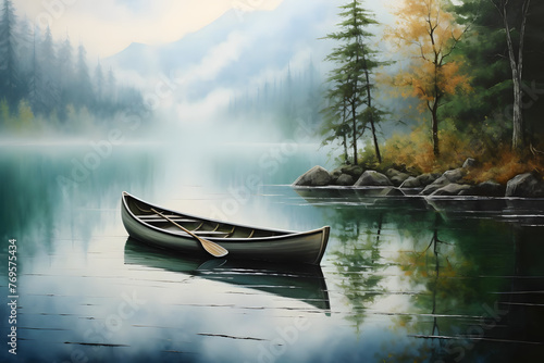 Peaceful Canoe on a Calm Lake Painting. generative ai
