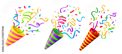 Holiday popper striped cone, firecracker with confetti. Isolated cartoon vector vibrant birthday party shooters burst of joy, releasing festive ribbons to celebrate carnival or special occasion