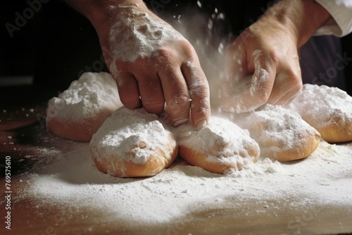 Close-up of a baker's fingers dusting powdered sugar on pastries.