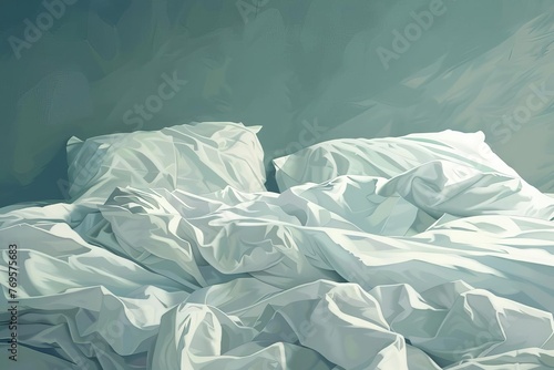 Messy bed with crumpled white sheets and pillows, minimalist background, digital illustration