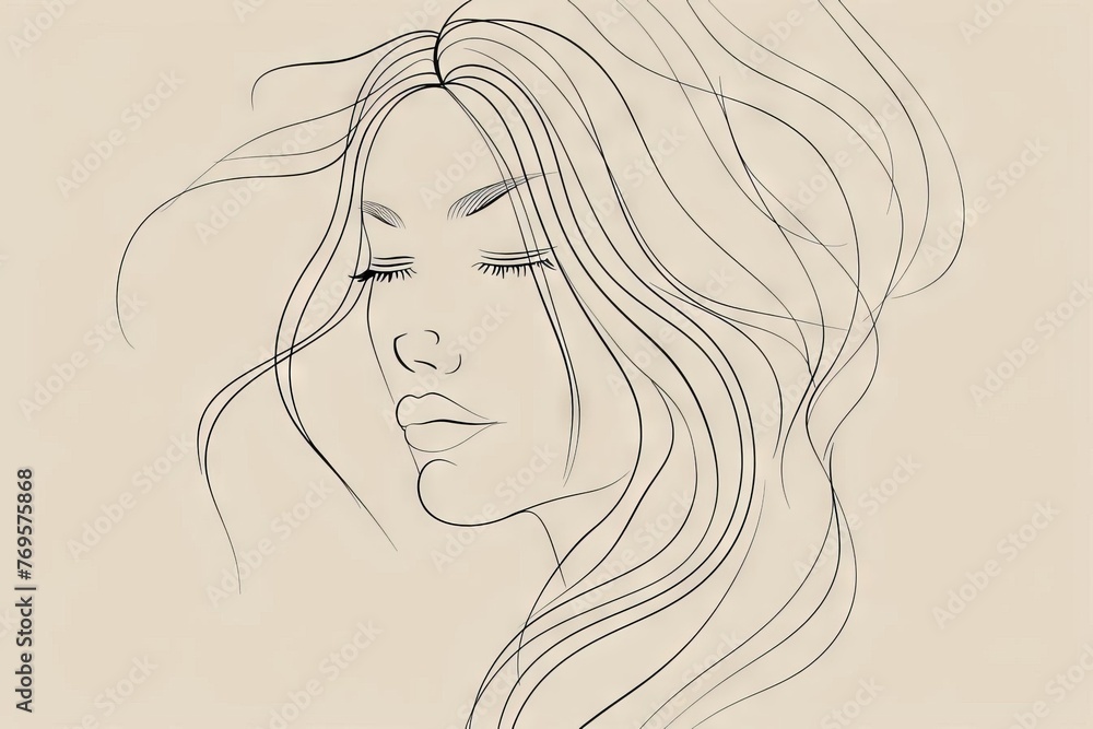 Minimalist line art woman's face with flowing hair, continuous one line drawing vector illustration Minimalist line art woman's face with flowing hair, continuous one line drawing vector illustration
