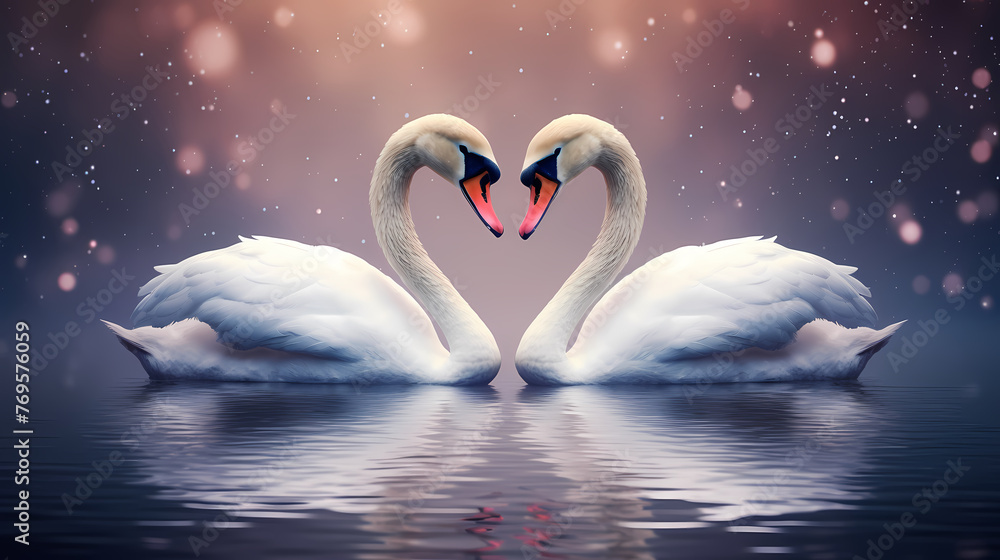 Fototapeta premium White swan, charming Valentine's Day background
