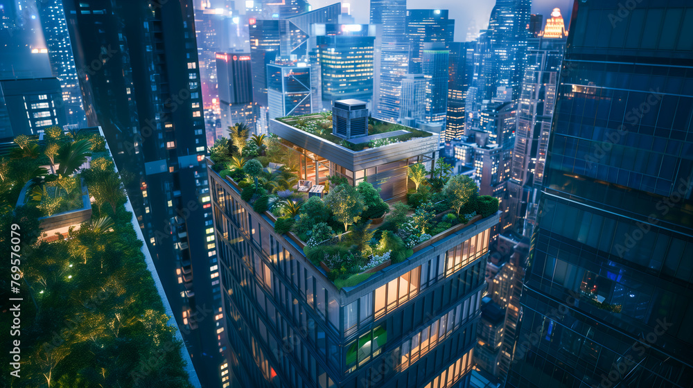 View of City Rooftop Gardens Green rooftop gardens atop urban buildings ...