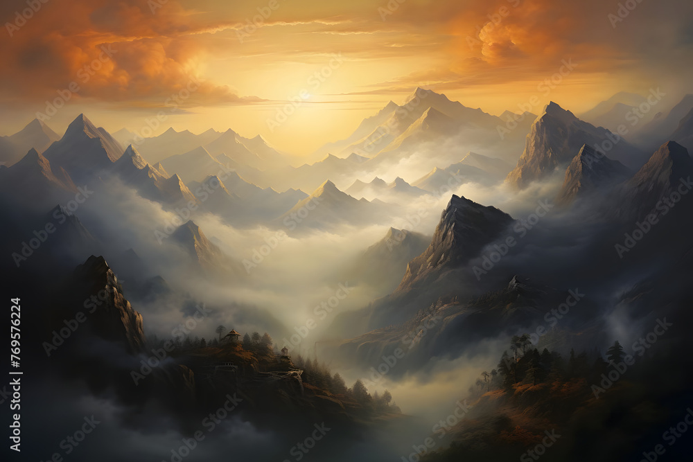 Misty Mountains in the Morning Painting. generative ai