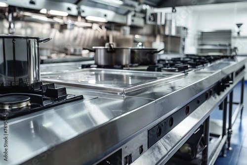 Modern professional stainless steel kitchen counter and equipment in restaurant or catering service, interior view photo