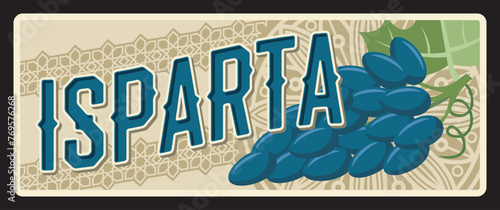 Isparta southwestern Turkish region known for grapes production. Vector travel plate, vintage sign, retro postcard design. Turkiye souvenir plaque with arabesque ornament of Turkiye area