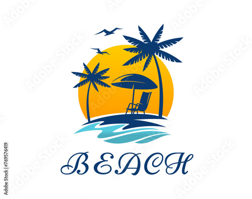 Tropical summer beach logo icon with palm trees, umbrella and daybed at seaside with sun and flying gulls. Isolated vector emblem for summer travel, vacation or holiday spare time with paradise island