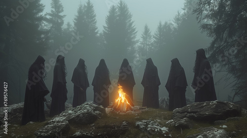 Coven of witches, a group of people as witches or necromancer meet Walpurgis night. Coven witches on Halloween. The persons in black clothes and hoodies making witchcraft at the Sabbath. 30'th April.