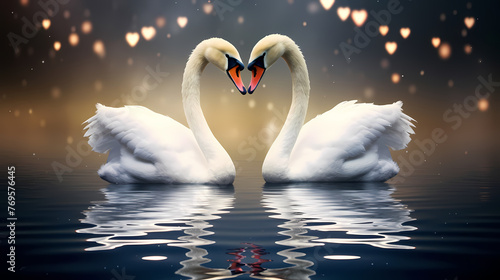 White swans in love on peaceful water background