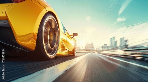 Speedy yellow sports car races along the highway at top speed. © Farda